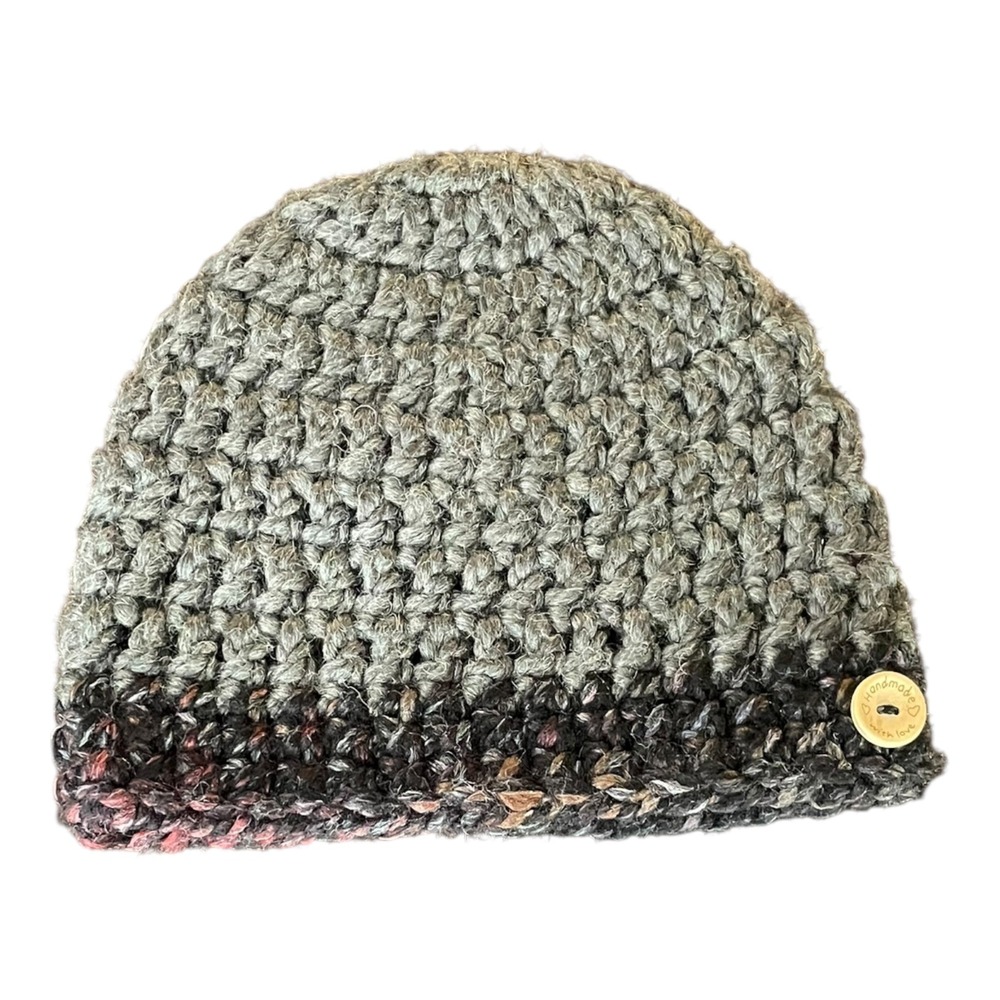 Handmade Crochet Beanie Hat Gray‎ Knit Winter Warm Casual Cute Button Gift